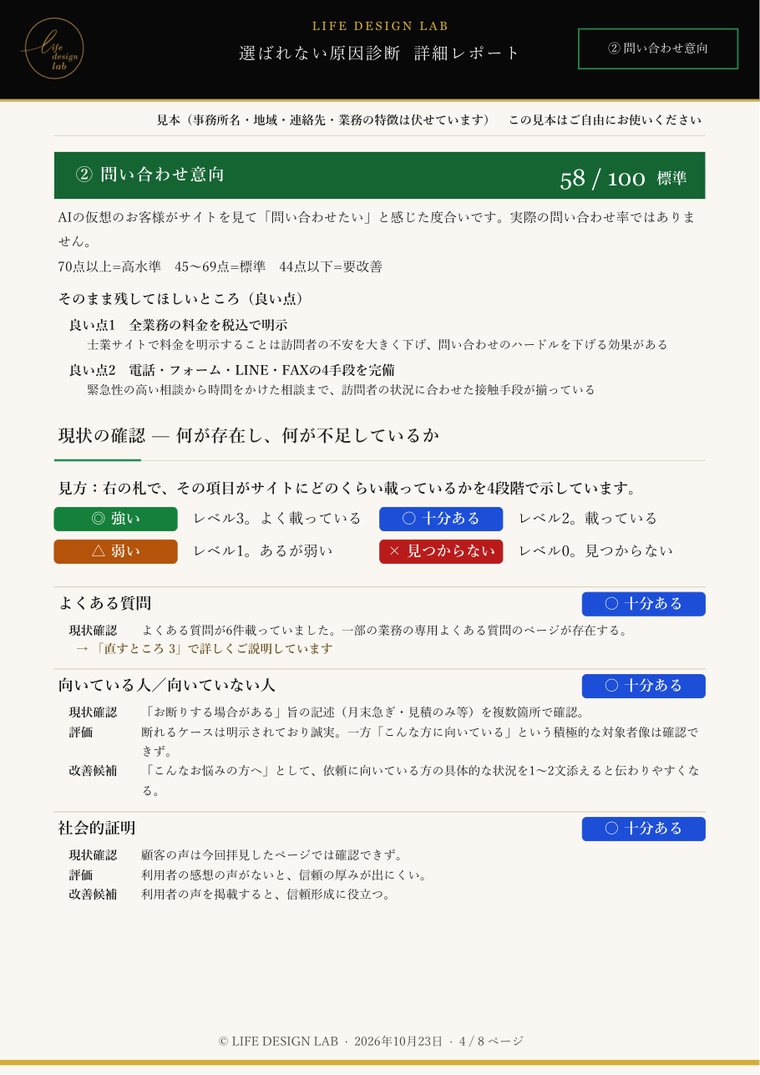 詳細版レポートの見本の4ページ目。項目ごとに、サイトにどのくらい載っているかを4段階で示した表